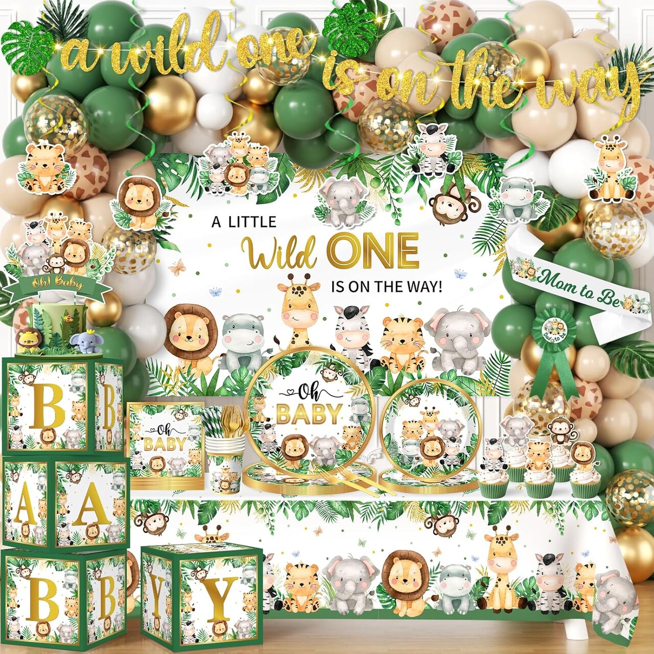 Safari Baby Shower Decorations,262pcs Wild Birthday Decorations Jungle Baby Shower Decorations Plates and Napkin Cups Backdrop Banner Tablecloth Balloons Garland Boxes,Serves 20